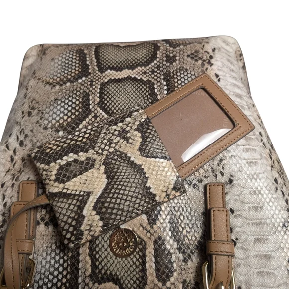 Anne Klein Snakeskin Pattern Tote Bag Matching Attached Keytag ID Tag Tan Straps - Picture 3 of 14